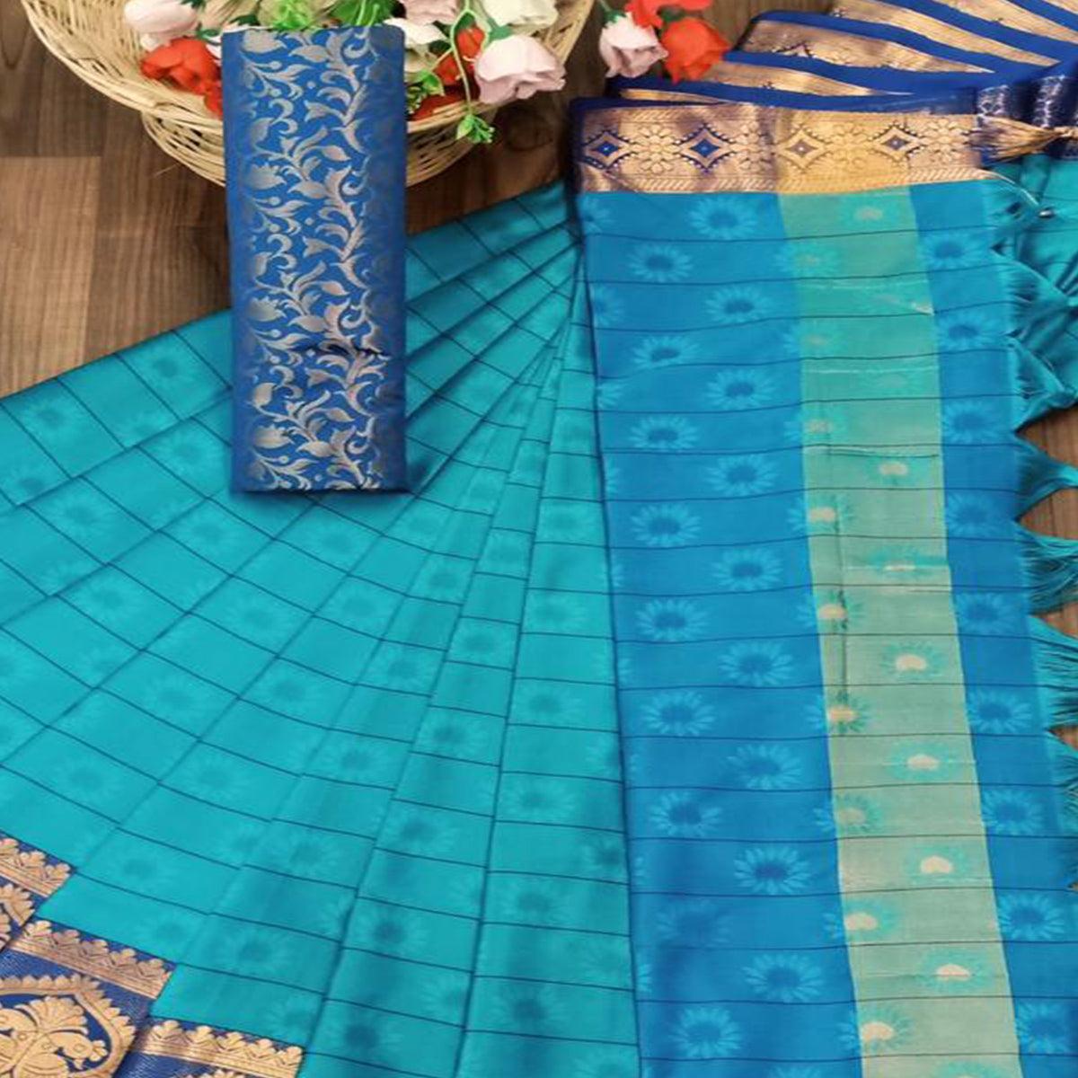 Eye-catching Firozi Colored Festive Wear Woven Cotton Silk Saree