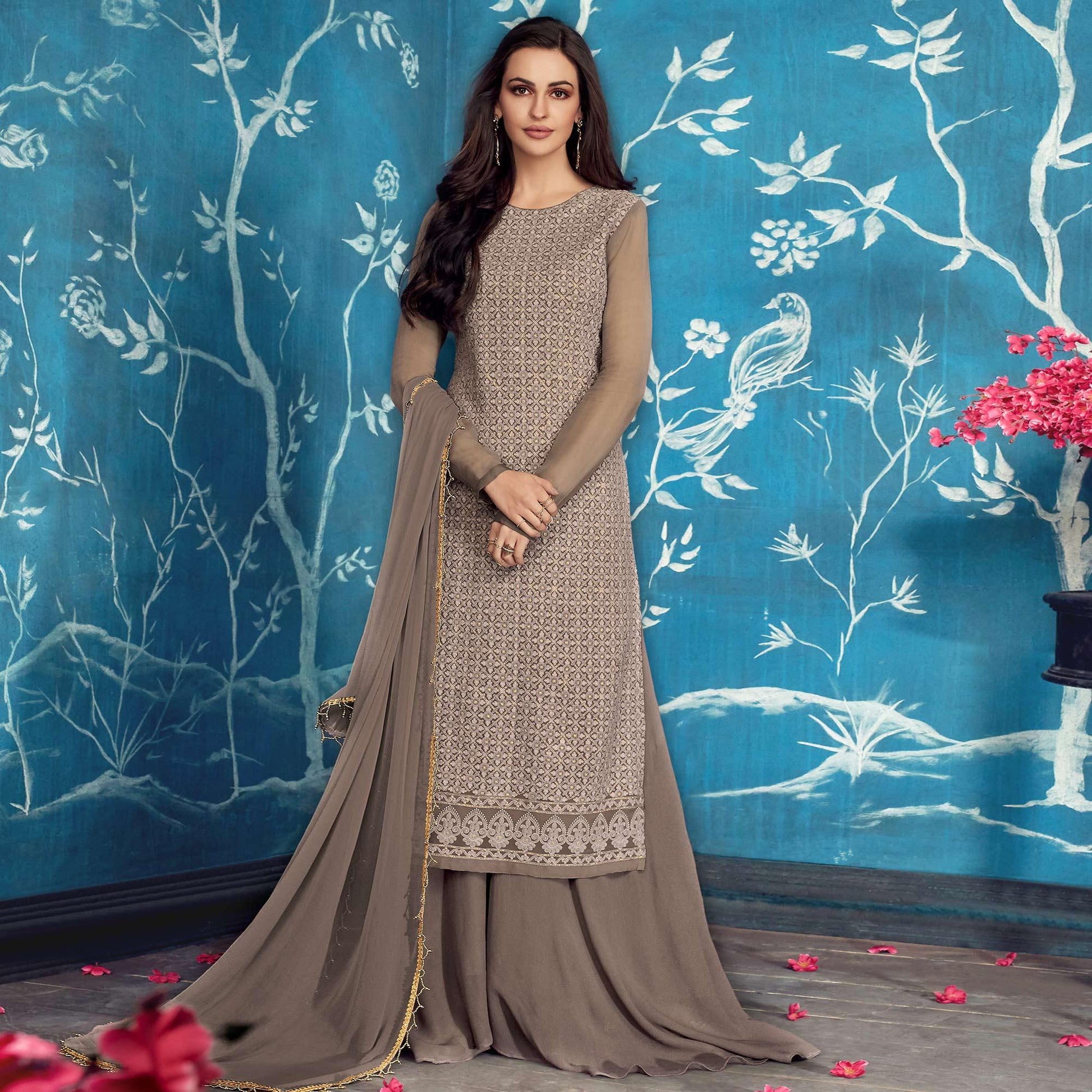 Eye-catching Gray Colored Partywear Embroidered Georgette Palazzo Suit