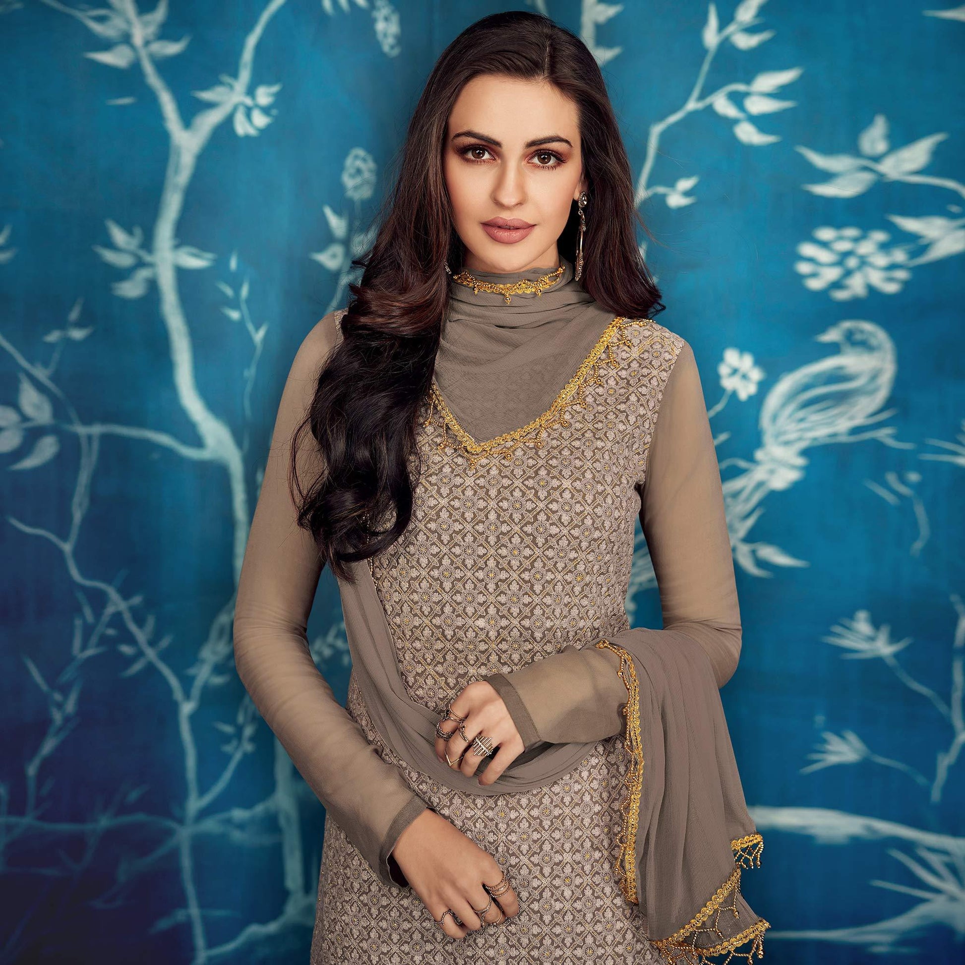 Eye-catching Gray Colored Partywear Embroidered Georgette Palazzo Suit