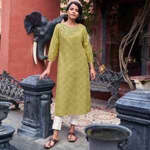 Eye-catching Green Colored Casual Wear Embroidered Pure Cotton Kurti