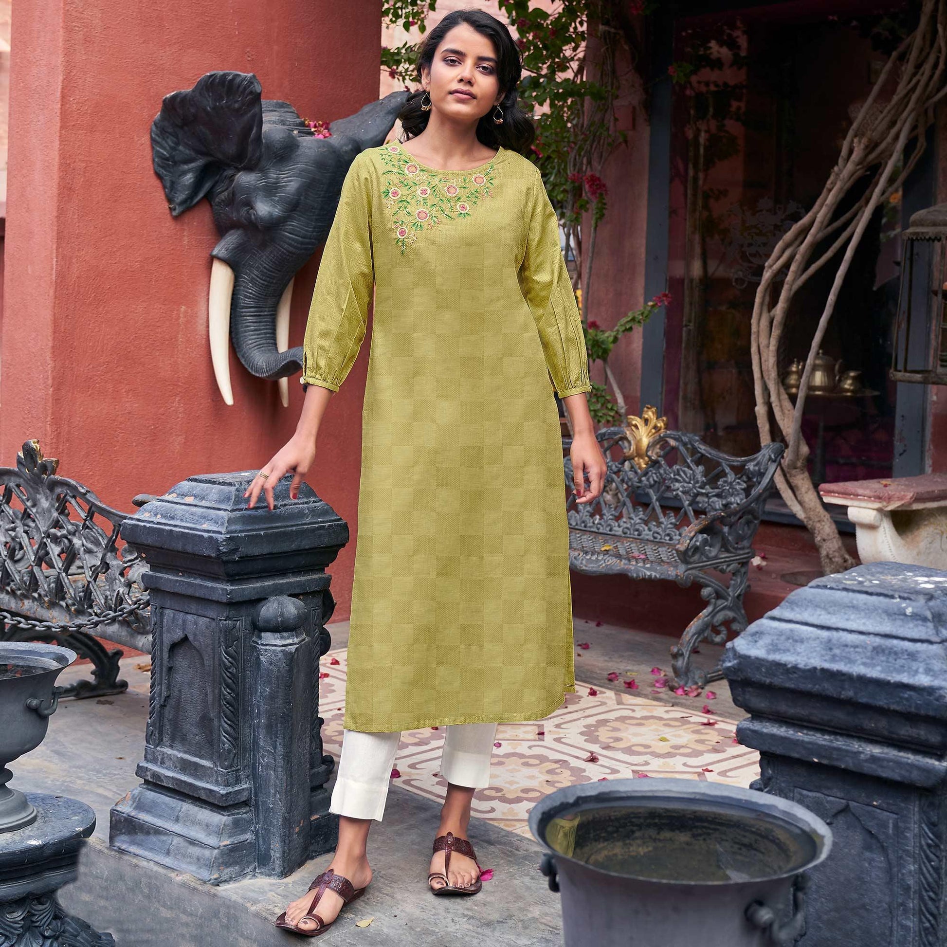 Eye-catching Green Colored Casual Wear Embroidered Pure Cotton Kurti