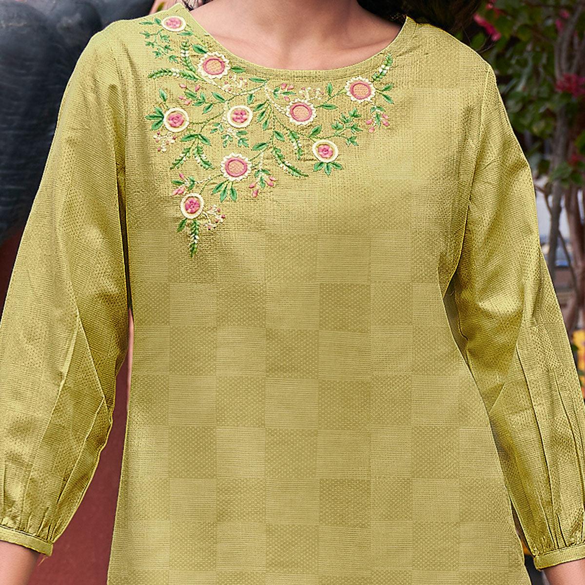 Eye-catching Green Colored Casual Wear Embroidered Pure Cotton Kurti