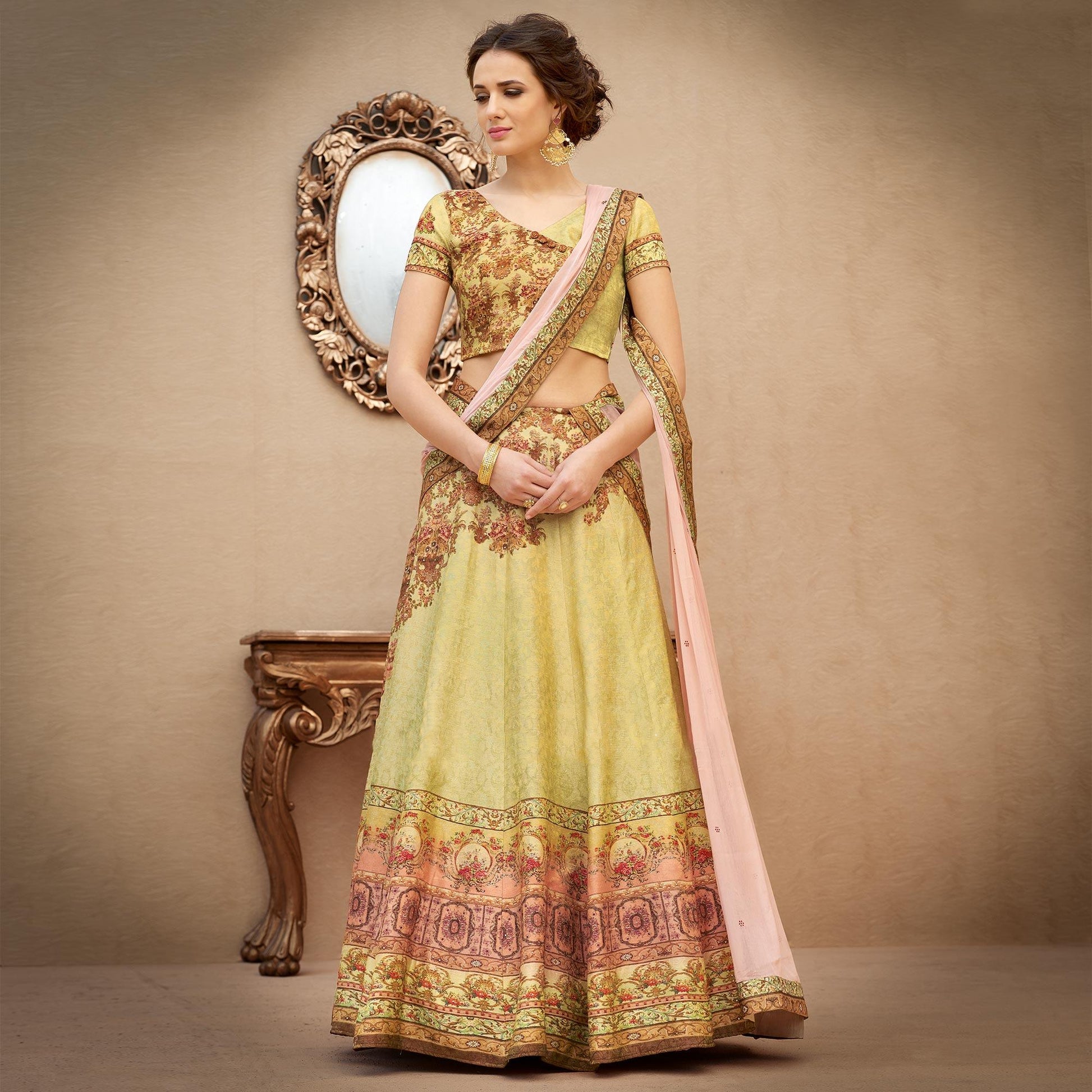 Eye-Catching Green Colored Designer Partywear Digital Printed Woven Banarasi Silk Lehenga Choli