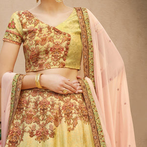 Eye-Catching Green Colored Designer Partywear Digital Printed Woven Banarasi Silk Lehenga Choli