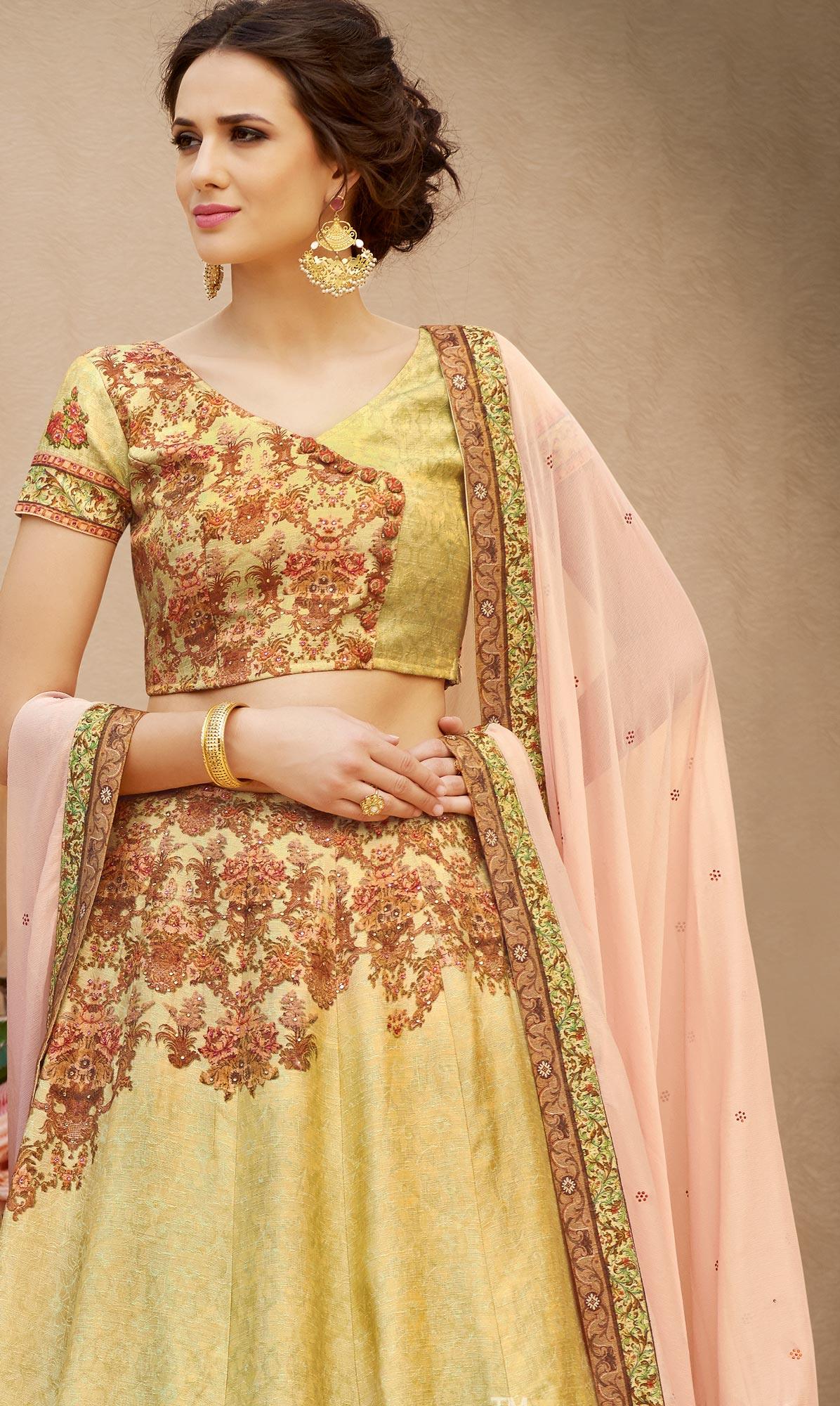 Eye-Catching Green Colored Designer Partywear Digital Printed Woven Banarasi Silk Lehenga Choli