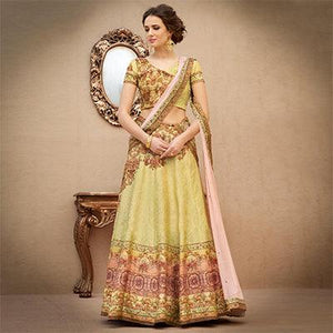 Eye-Catching Green Colored Designer Partywear Digital Printed Woven Banarasi Silk Lehenga Choli