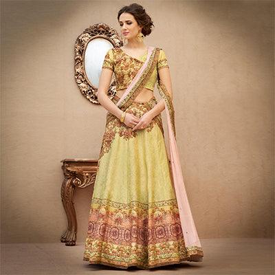 Eye-Catching Green Colored Designer Partywear Digital Printed Woven Banarasi Silk Lehenga Choli