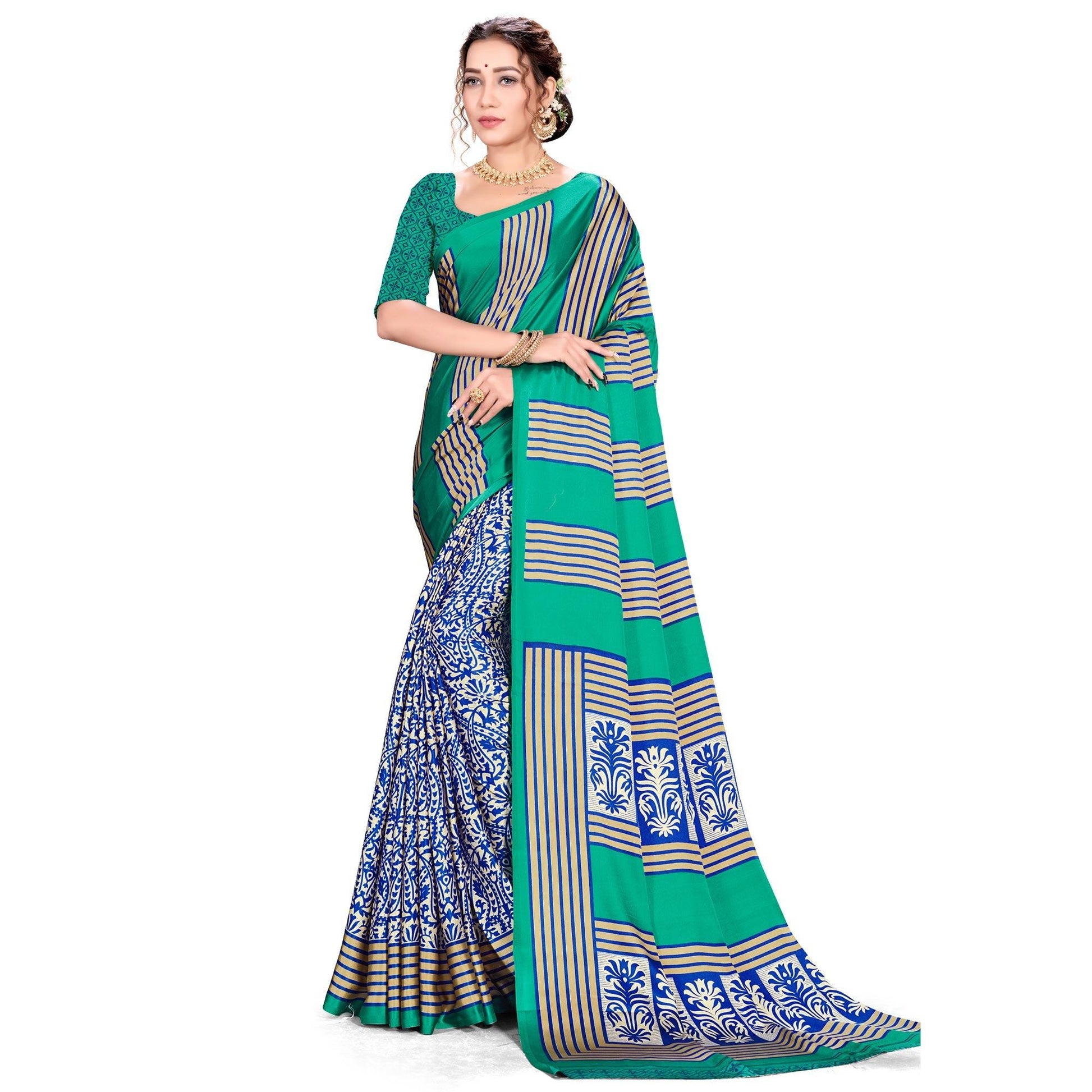 Eye-catching Green Colored Festive Wear Printed Satin Crepe Saree