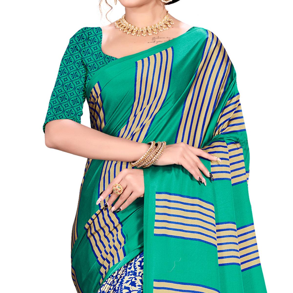 Eye-catching Green Colored Festive Wear Printed Satin Crepe Saree