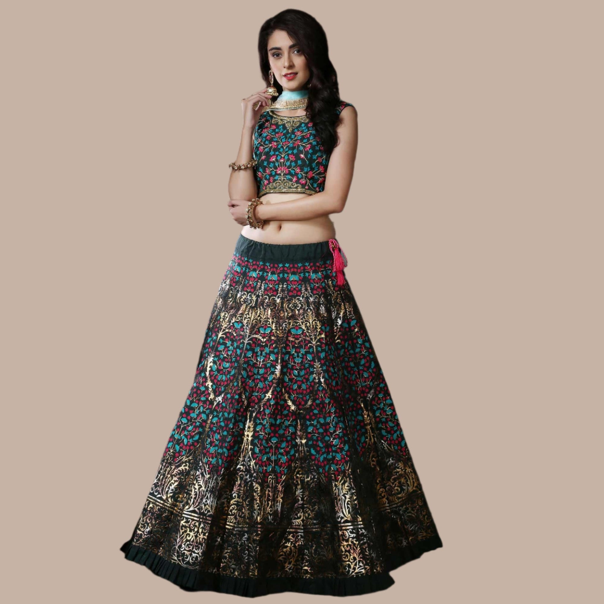 Eye-catching Green Colored Party Wear Foil Printed Thai Silk Lehenga Choli