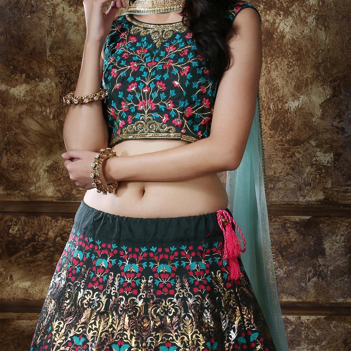 Eye-catching Green Colored Party Wear Foil Printed Thai Silk Lehenga Choli