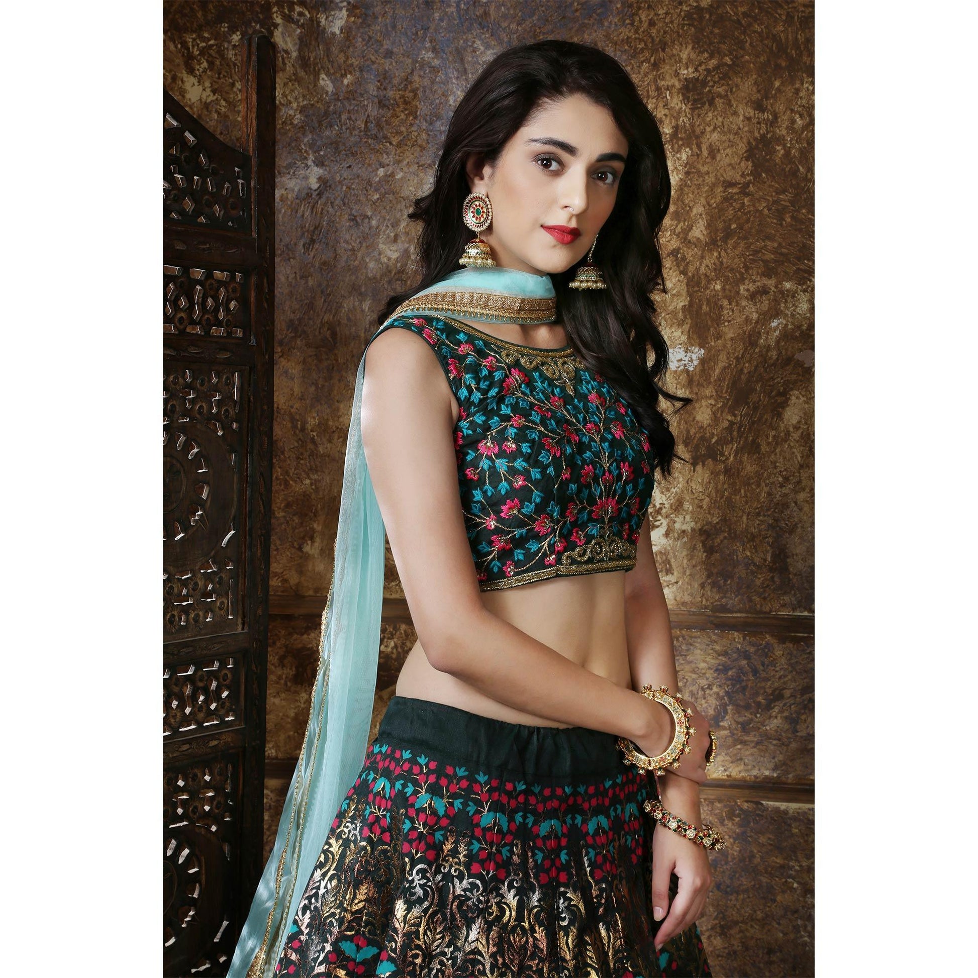 Eye-catching Green Colored Party Wear Foil Printed Thai Silk Lehenga Choli