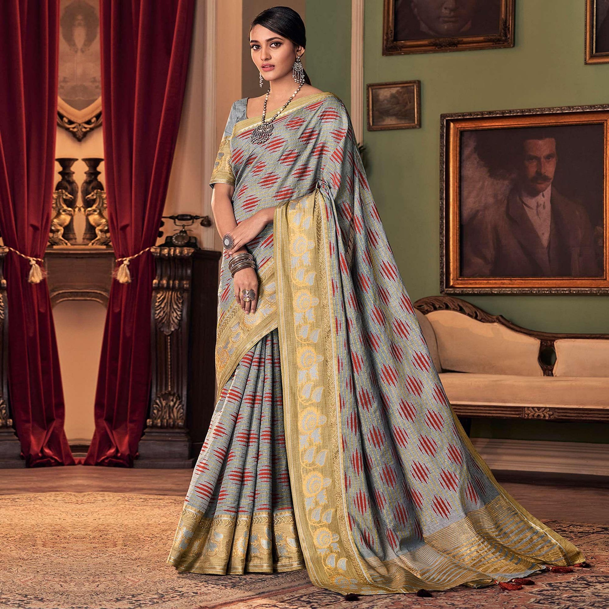 Eye-catching Grey Colored Festive Wear Printed And Woven Border Silk Saree