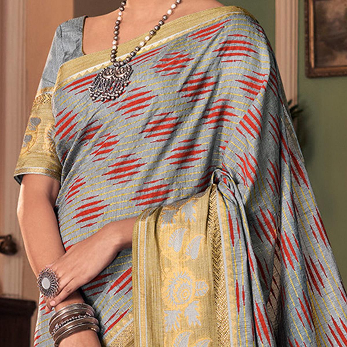 Eye-catching Grey Colored Festive Wear Printed And Woven Border Silk Saree