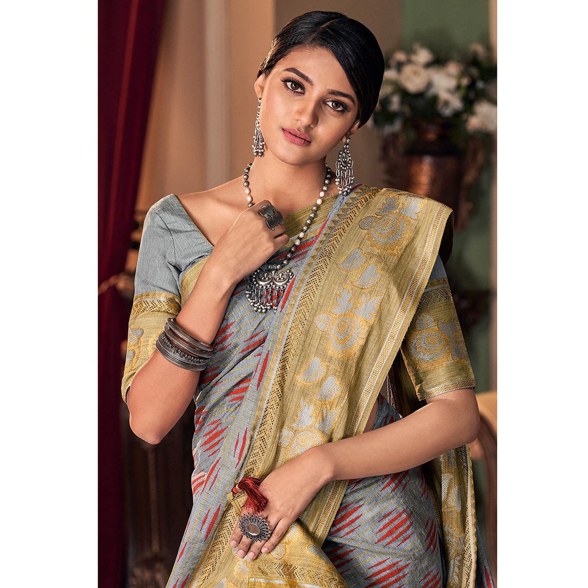 Eye-catching Grey Colored Festive Wear Printed And Woven Border Silk Saree