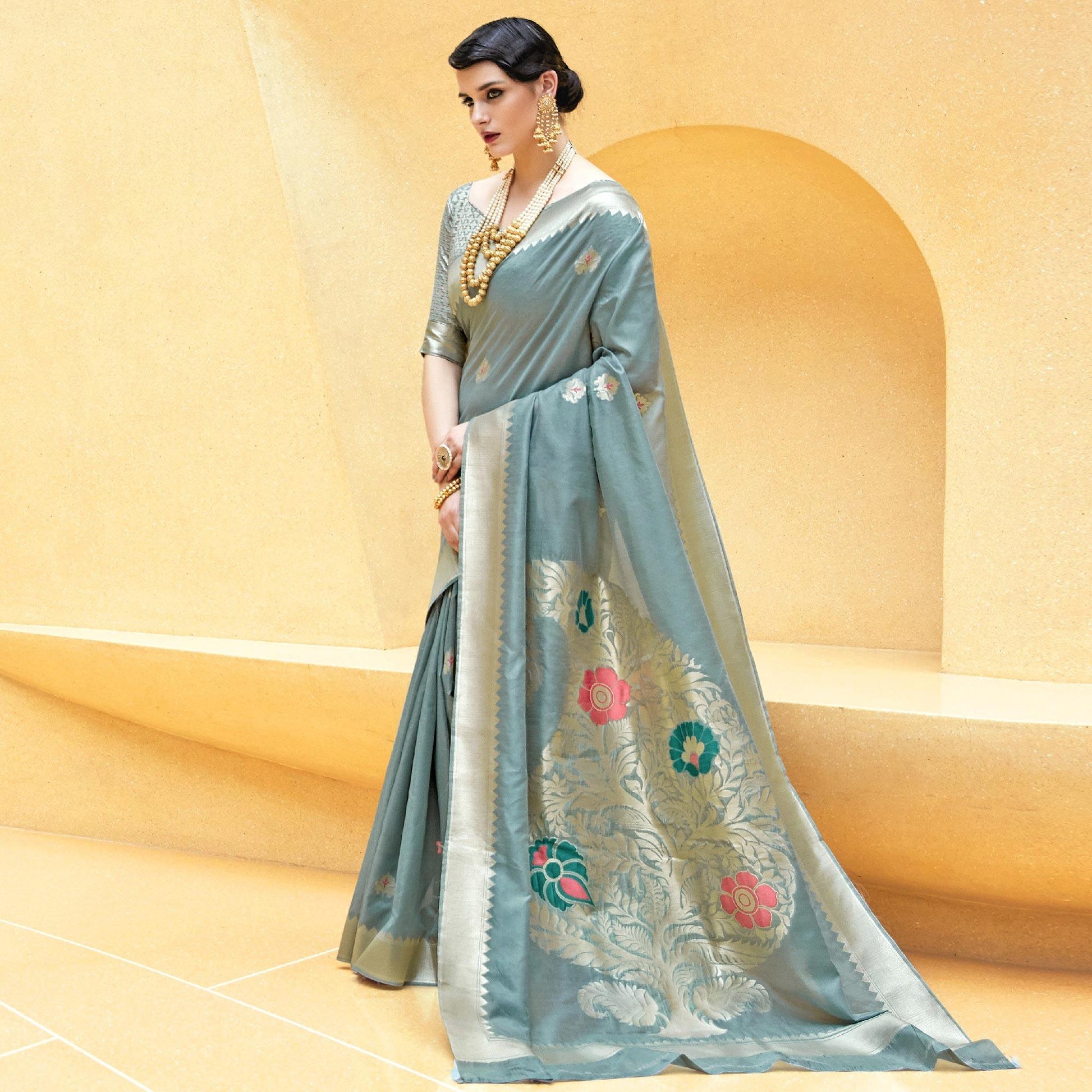 Eye-catching Grey Colored Festive Wear Printed Silk Saree