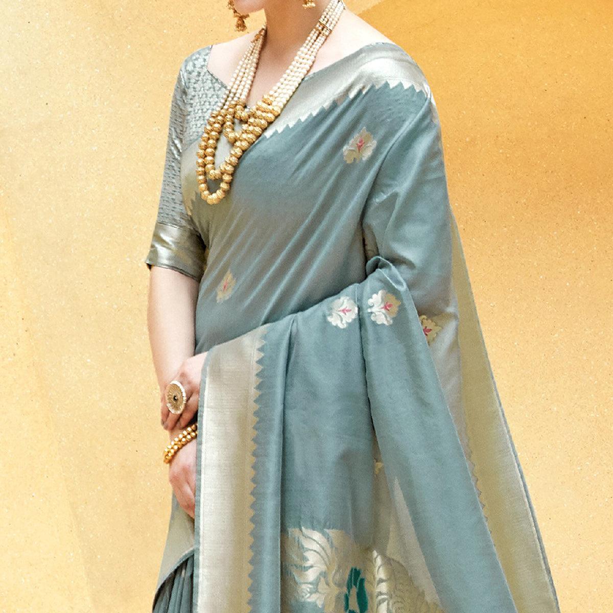 Eye-catching Grey Colored Festive Wear Printed Silk Saree