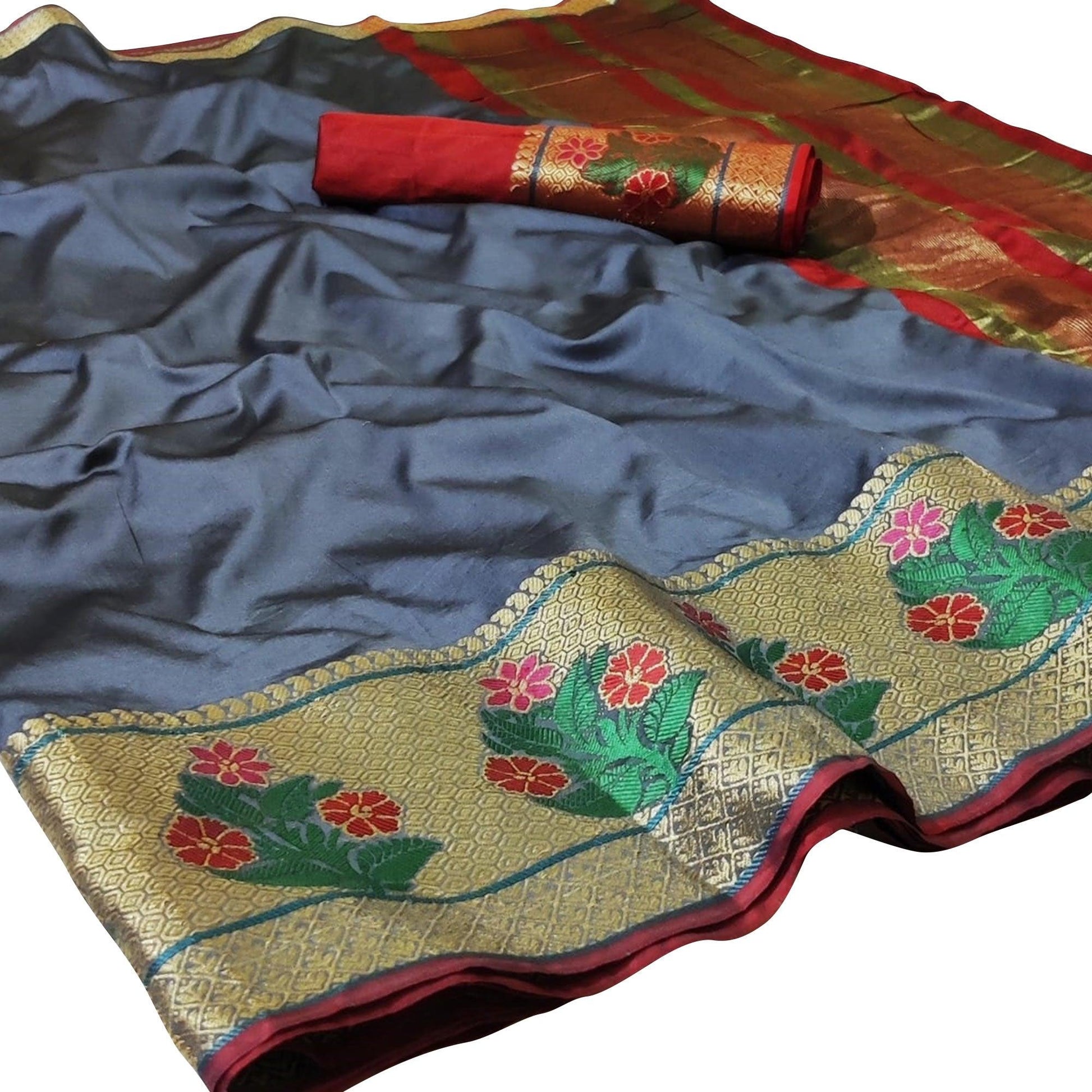 Eye-catching Grey Colored Festive Wear Woven Silk Saree