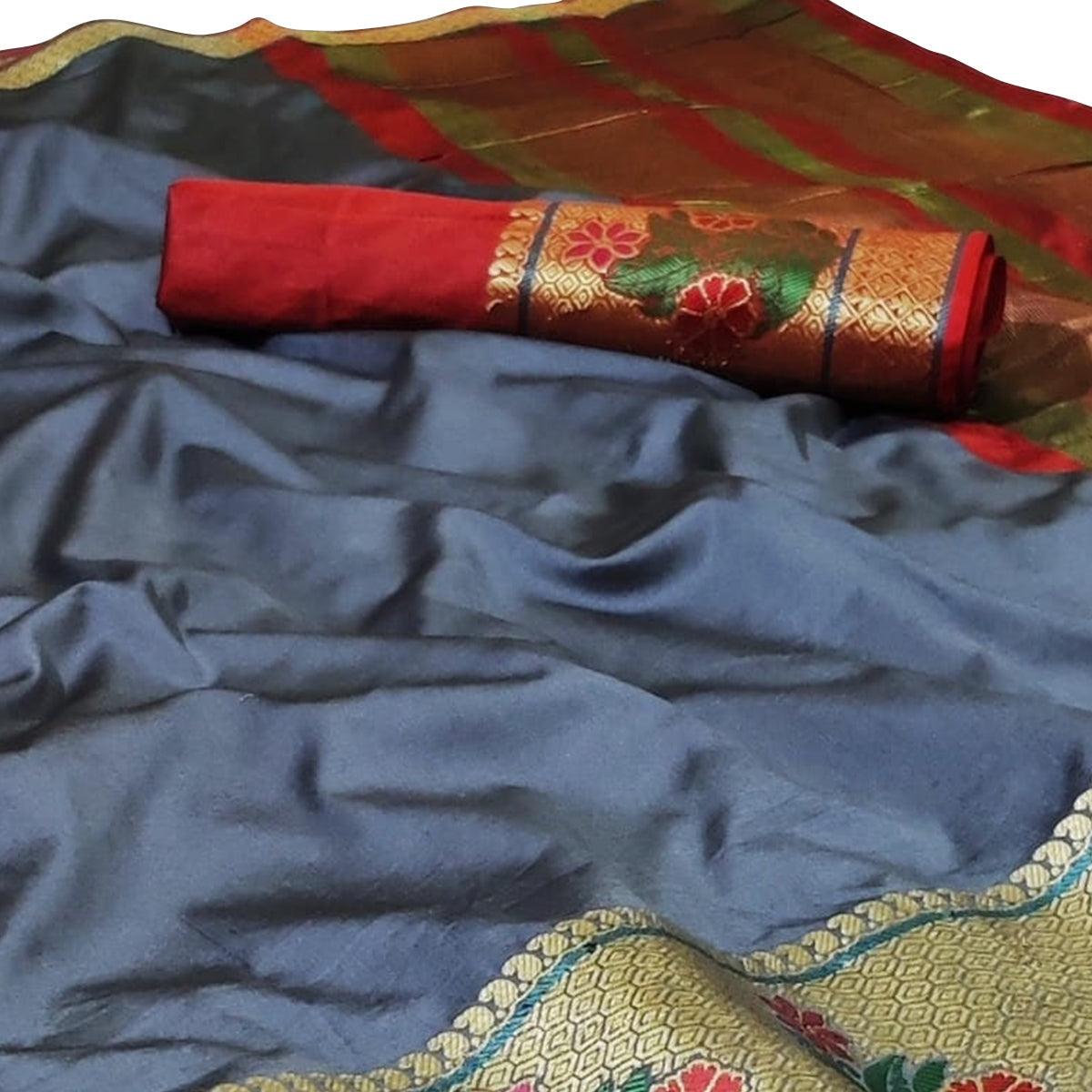 Eye-catching Grey Colored Festive Wear Woven Silk Saree
