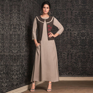 Eye-catching Light Gray Colored Partywear Embroidered Rayon Long Kurti With Koti