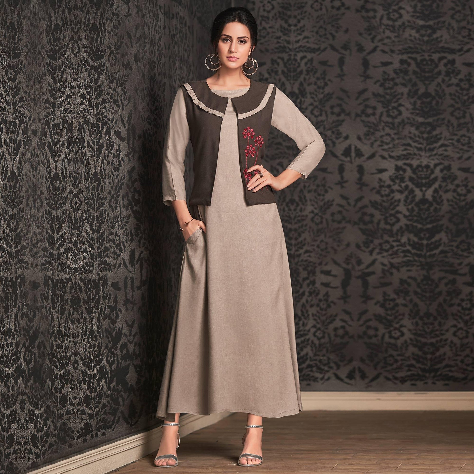 Eye-catching Light Gray Colored Partywear Embroidered Rayon Long Kurti With Koti