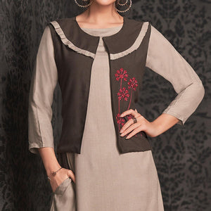 Eye-catching Light Gray Colored Partywear Embroidered Rayon Long Kurti With Koti