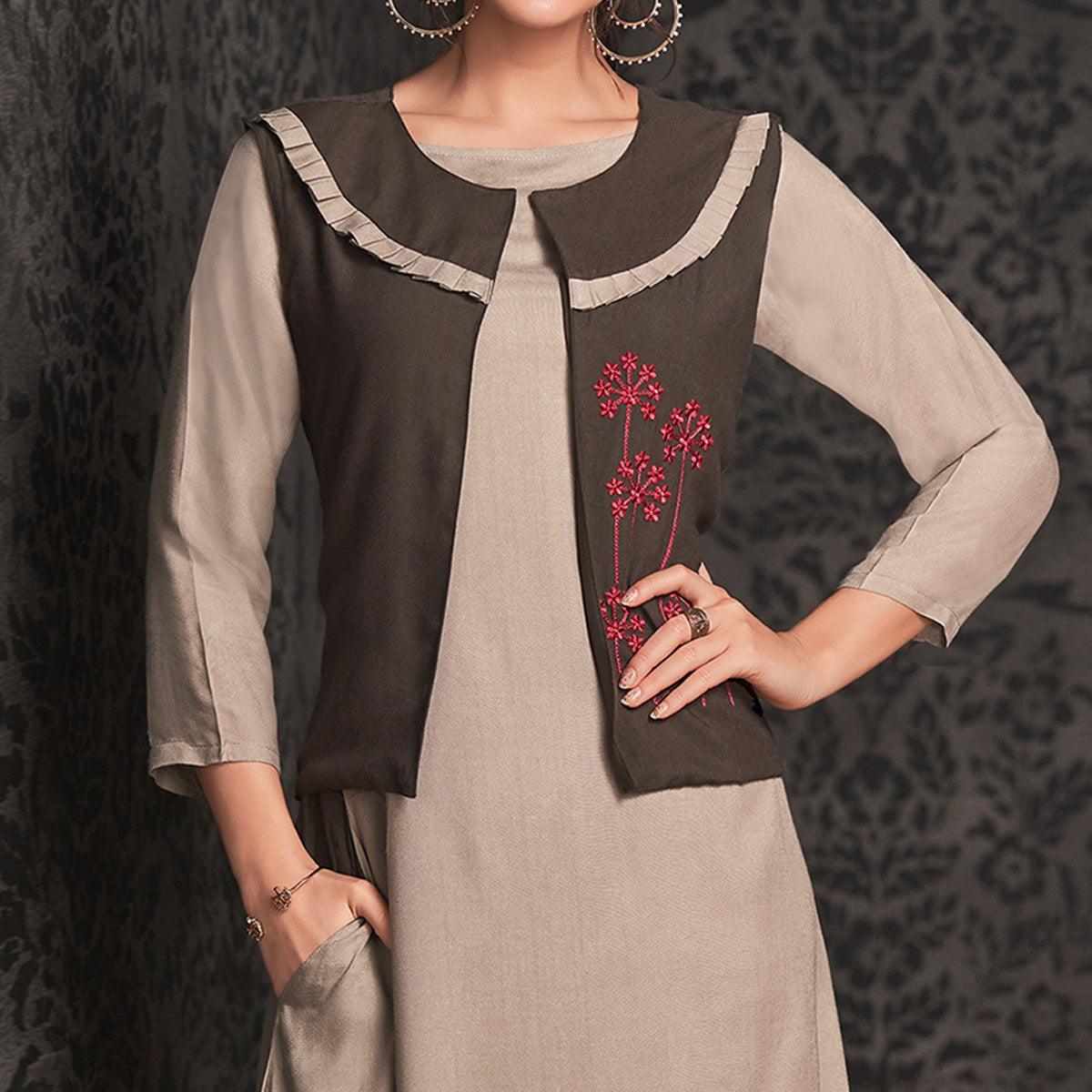 Eye-catching Light Gray Colored Partywear Embroidered Rayon Long Kurti With Koti