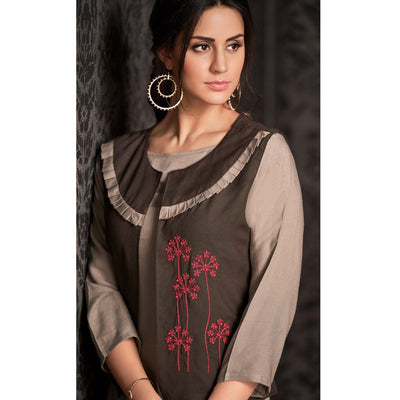 Eye-catching Light Gray Colored Partywear Embroidered Rayon Long Kurti With Koti