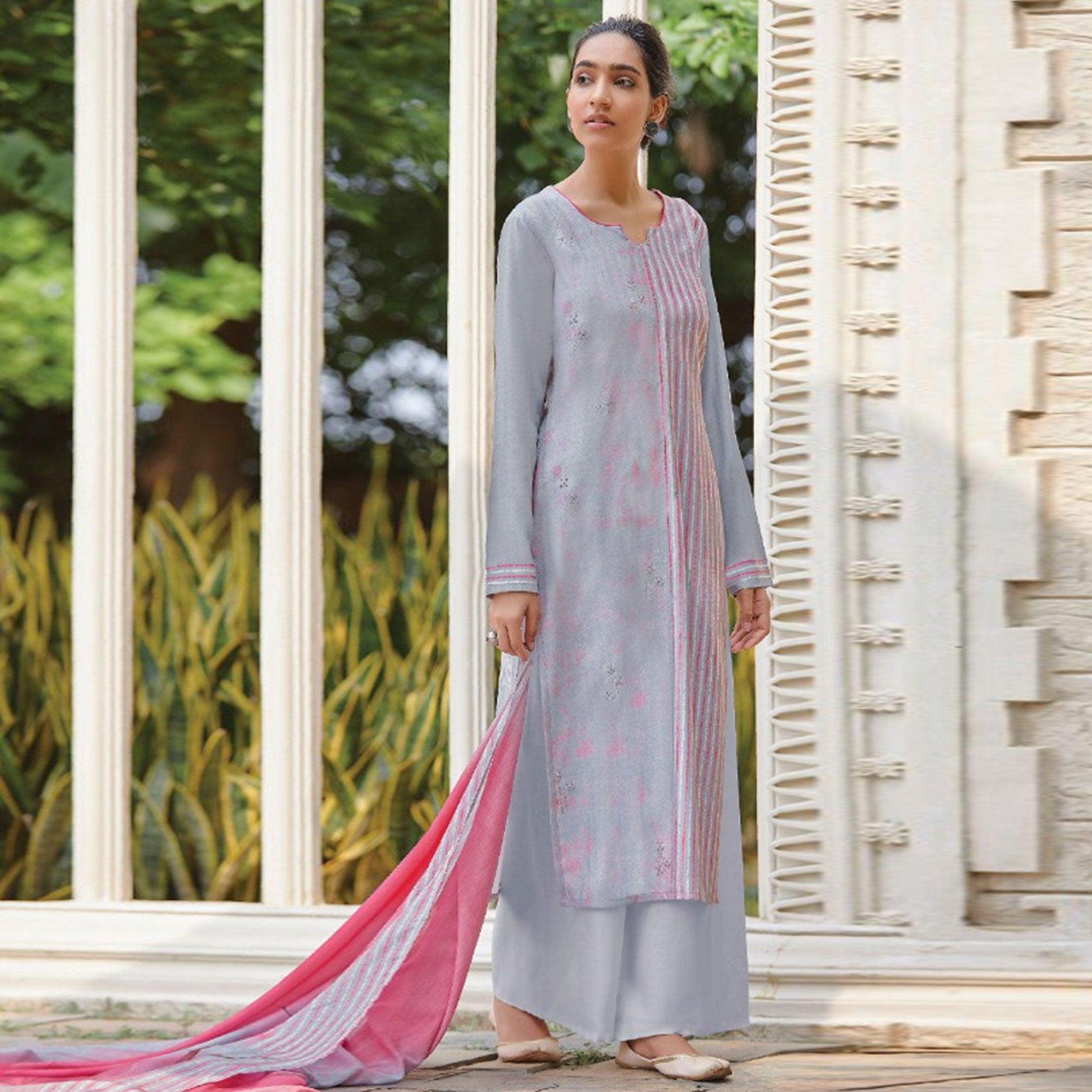 Eye-catching Light Grey Colored Casual Wear Digital Printed Cotton Satin Palazzo Suit