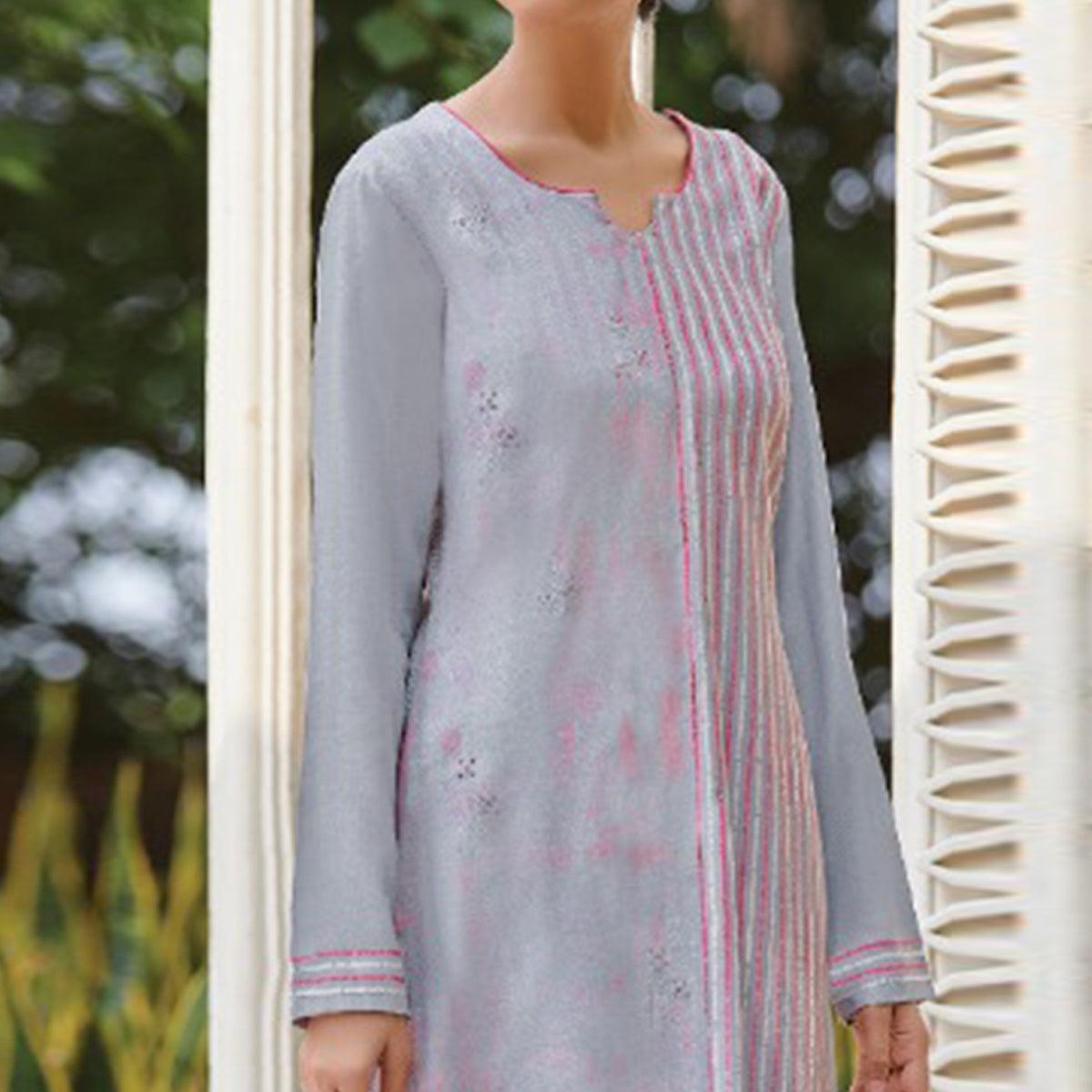 Eye-catching Light Grey Colored Casual Wear Digital Printed Cotton Satin Palazzo Suit