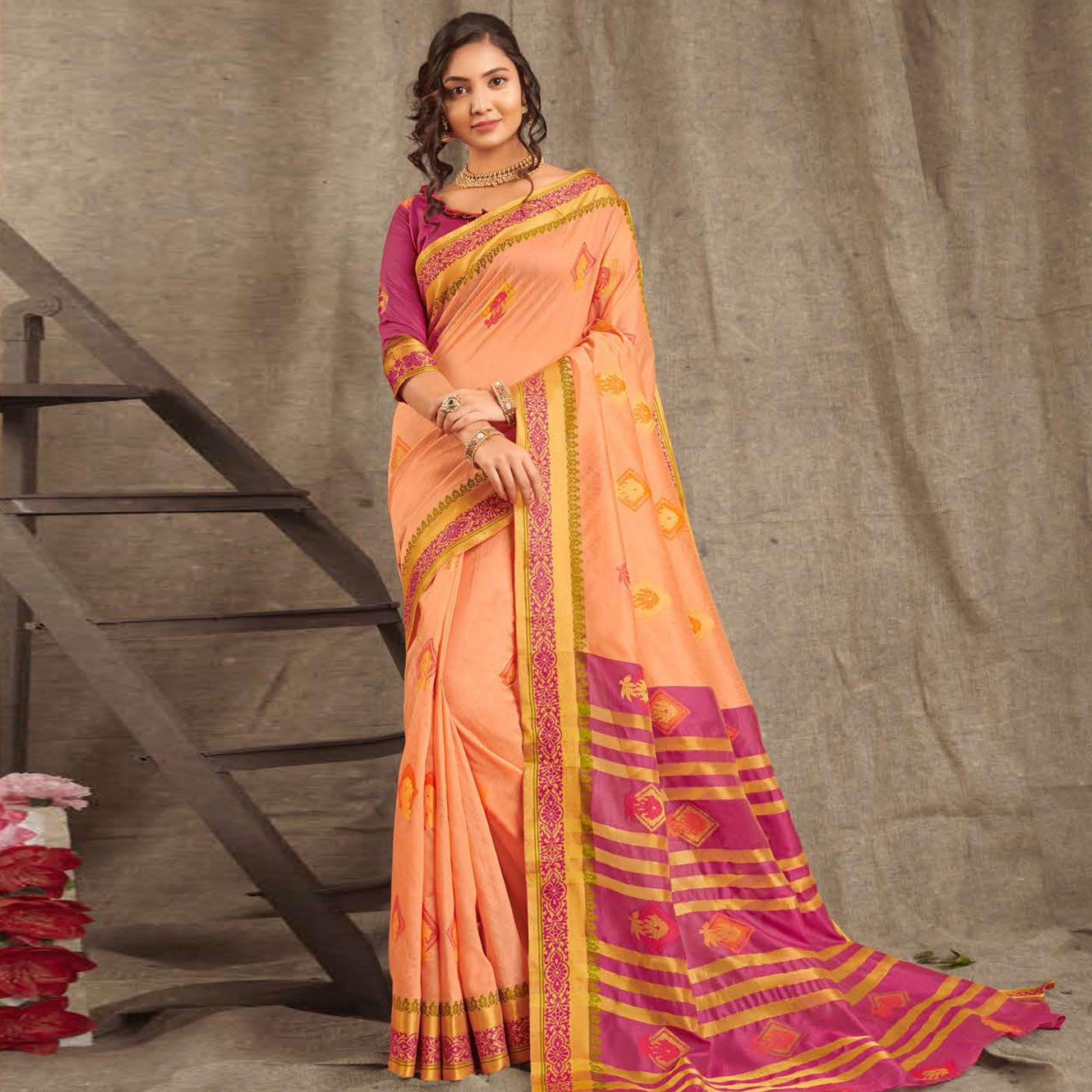Eye-catching Light Peach Colored Festive Wear Woven Cotton Handloom Saree