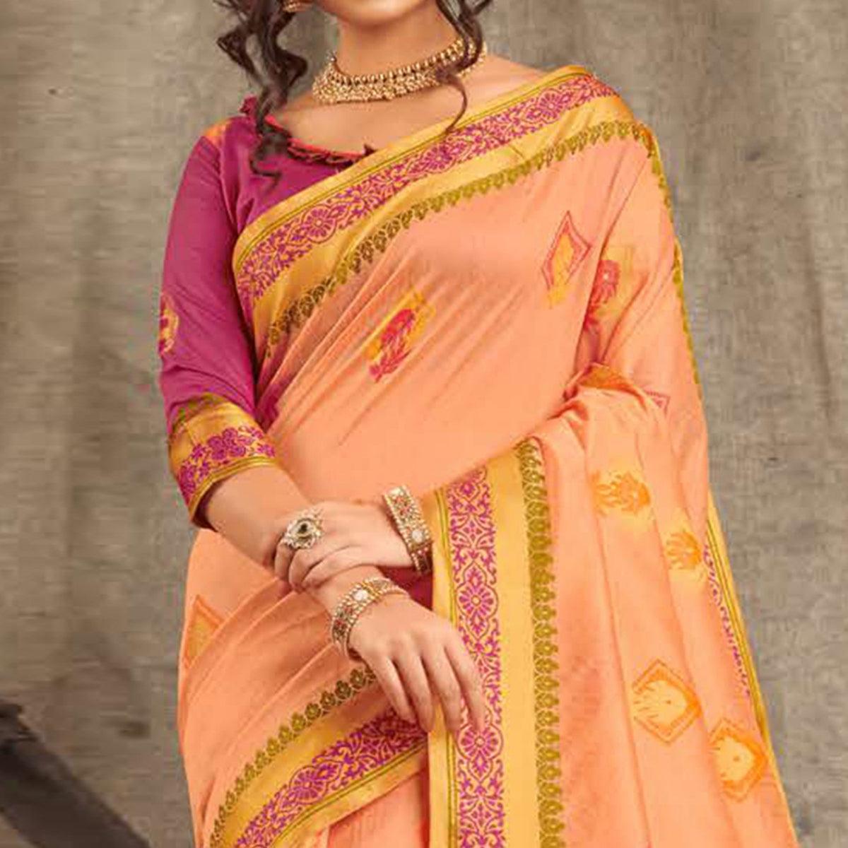 Eye-catching Light Peach Colored Festive Wear Woven Cotton Handloom Saree