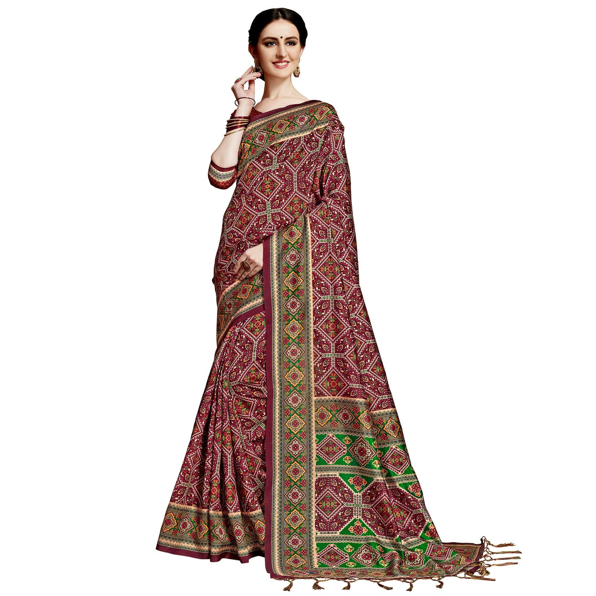 Eye-catching Maroon Colored Festive Wear Printed Silk Saree