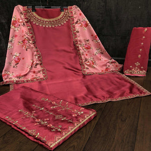 Eye-catching Maroon Colored Partywear Embroidered Muslin Satin Gharara Suit With Palazzo