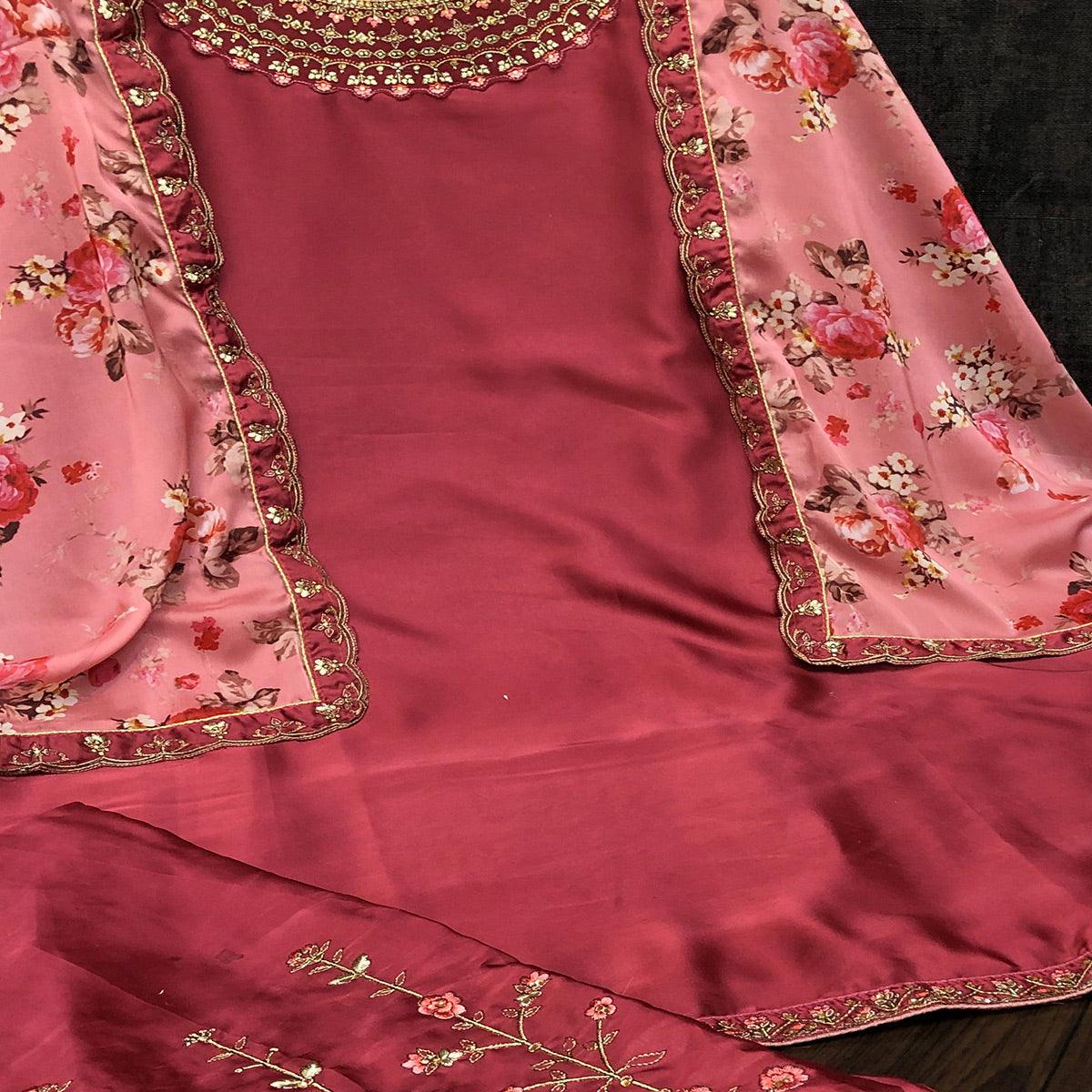 Eye-catching Maroon Colored Partywear Embroidered Muslin Satin Gharara Suit With Palazzo
