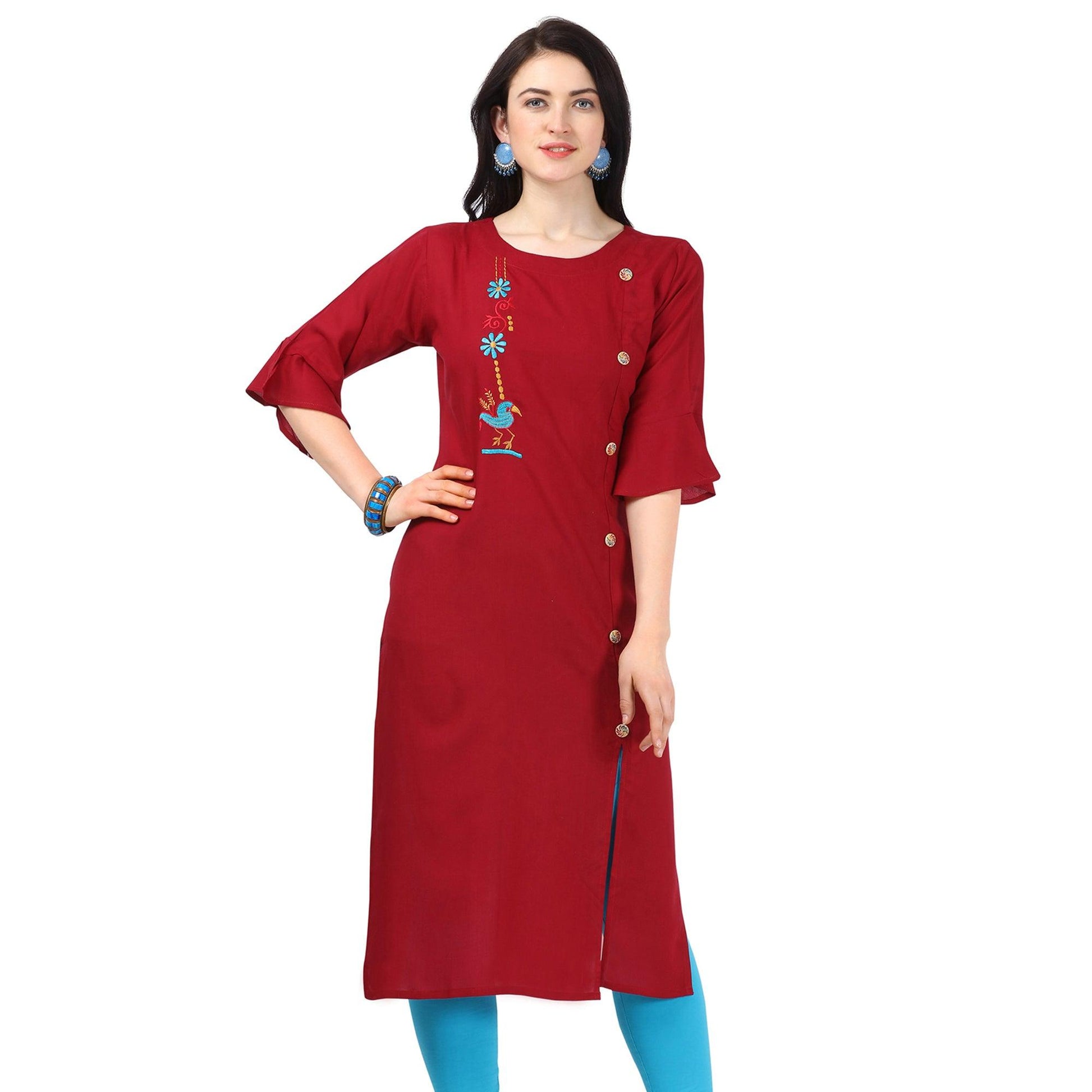 Eye-catching Maroon Colored Partywear Embroidered Rayon Kurti
