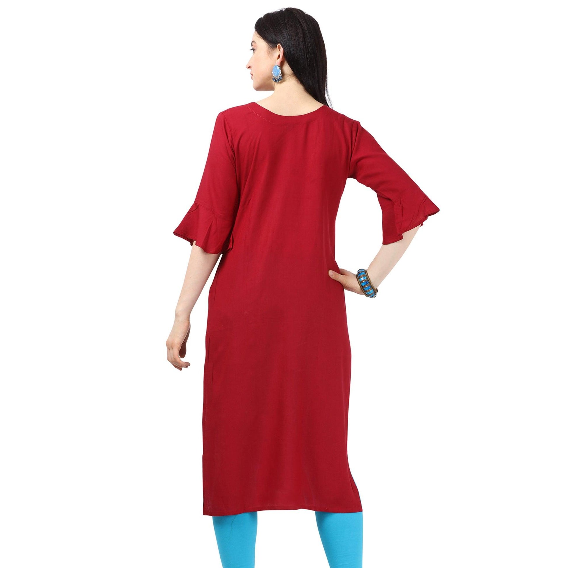 Eye-catching Maroon Colored Partywear Embroidered Rayon Kurti
