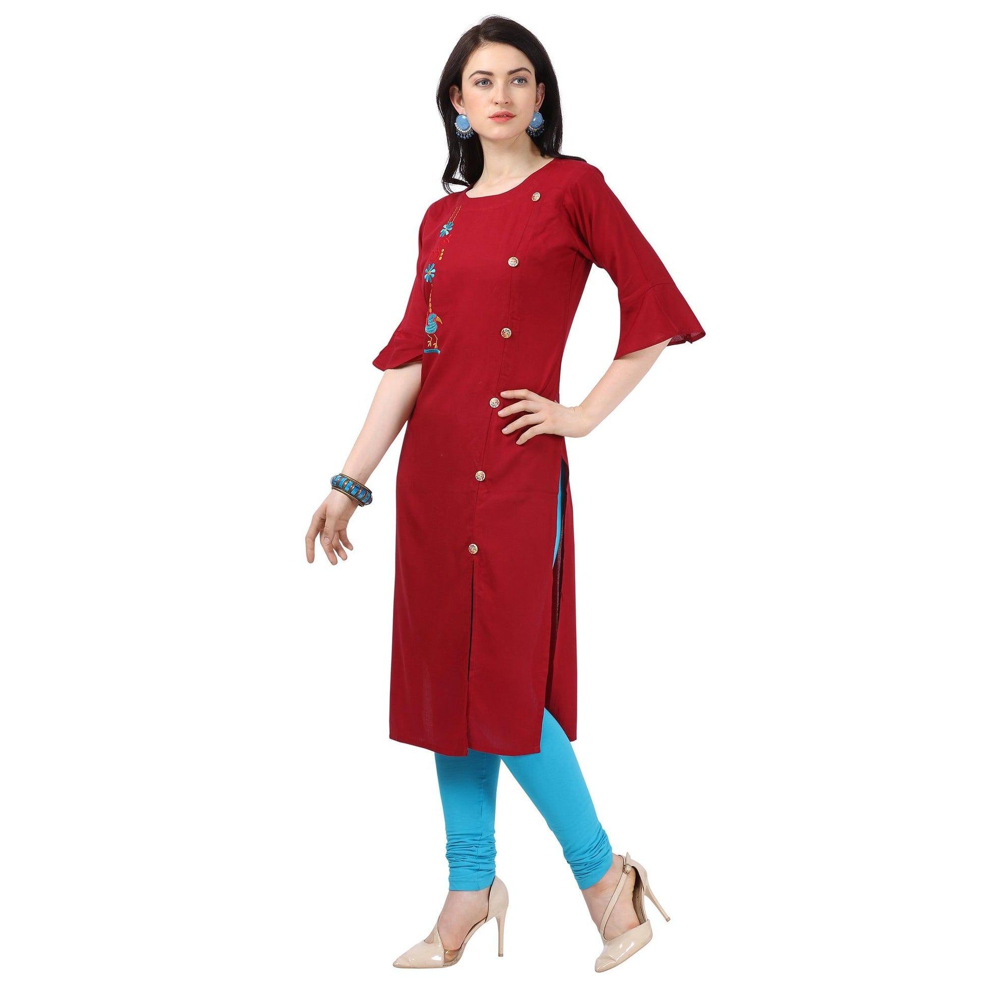 Eye-catching Maroon Colored Partywear Embroidered Rayon Kurti