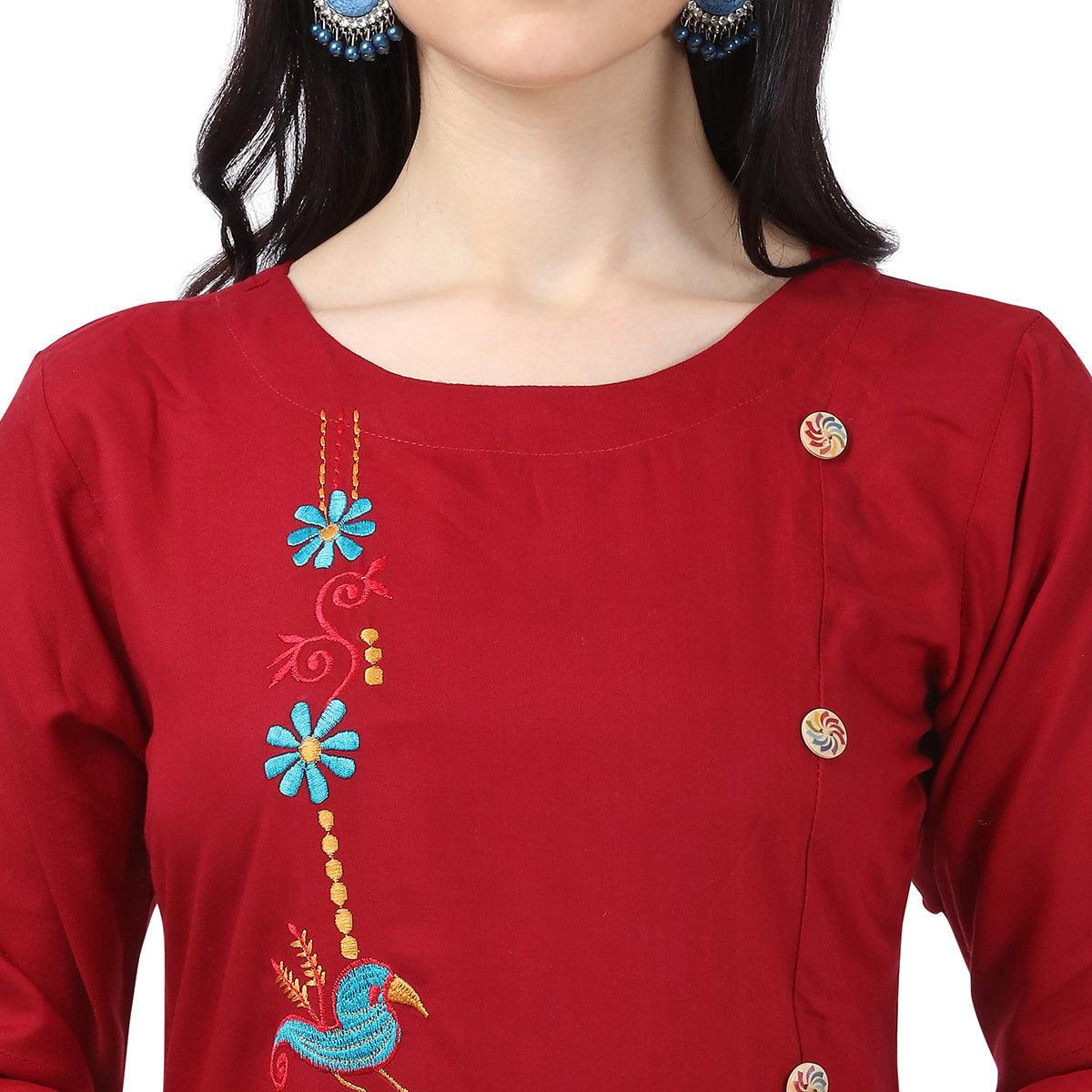 Eye-catching Maroon Colored Partywear Embroidered Rayon Kurti