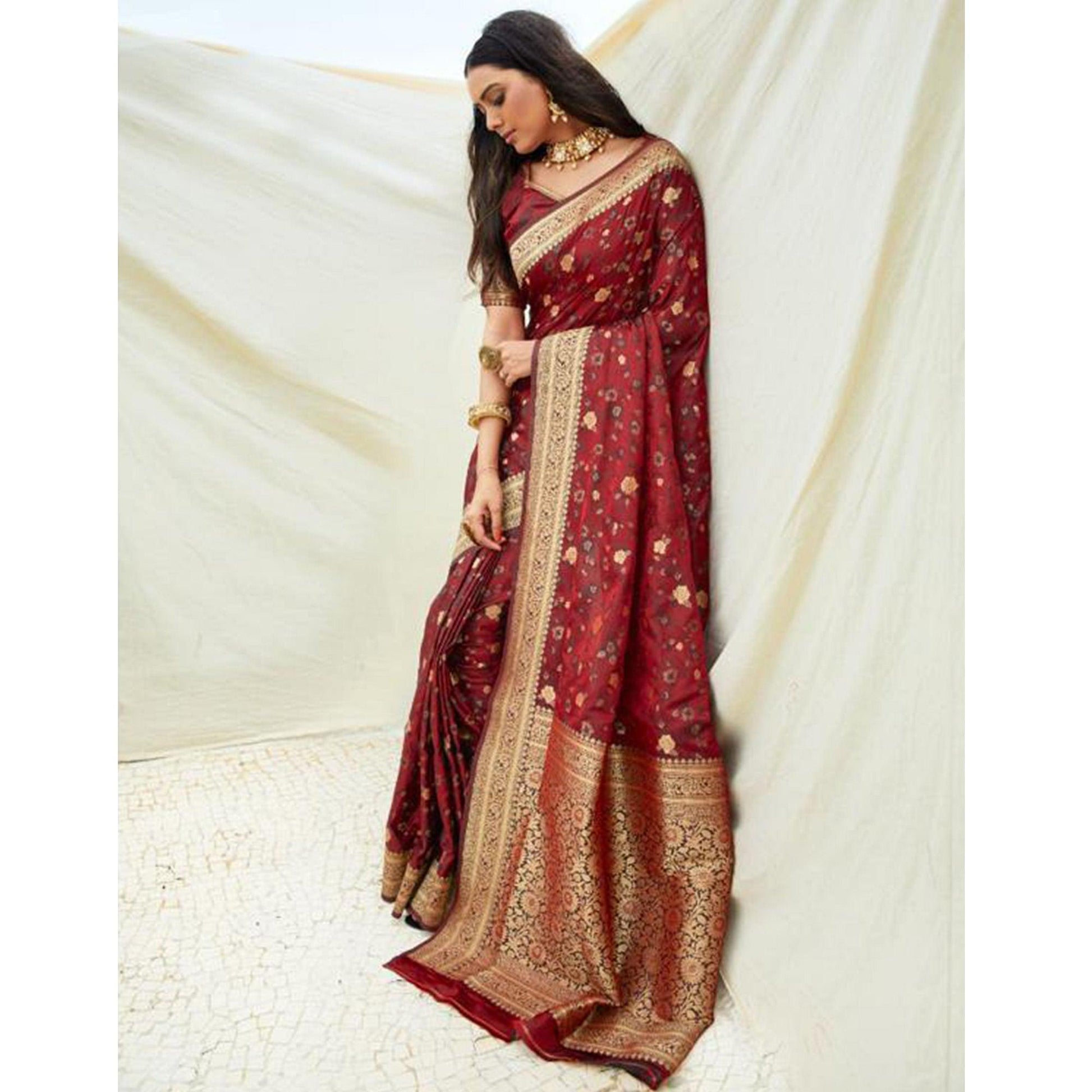 Eye-catching Maroon Coloured Partywear Printed Silk Saree