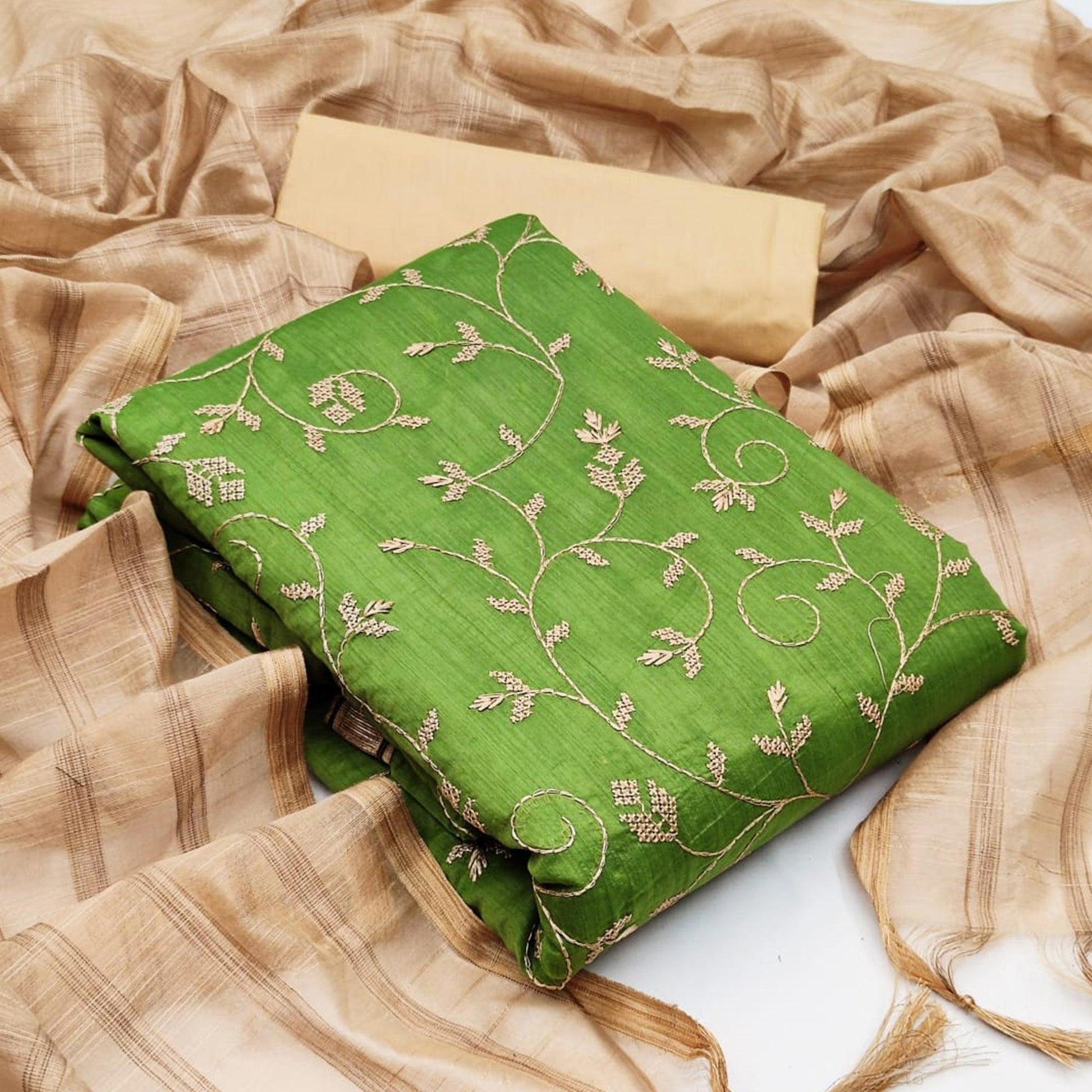 Eye-catching Mehendi Green Colored Casual Wear Embroidered Chanderi Dress Material