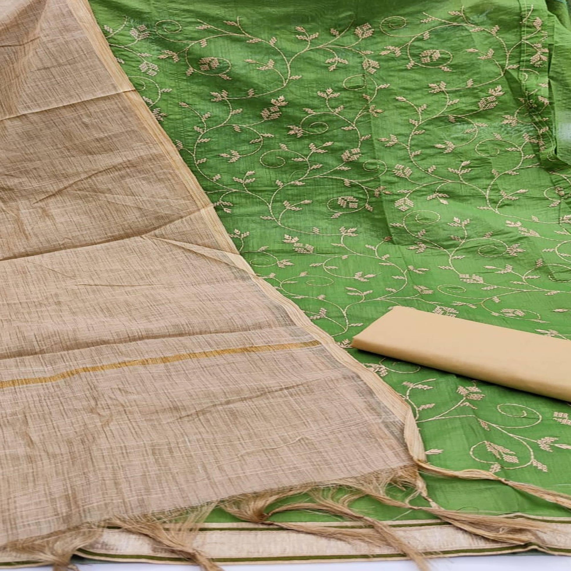 Eye-catching Mehendi Green Colored Casual Wear Embroidered Chanderi Dress Material