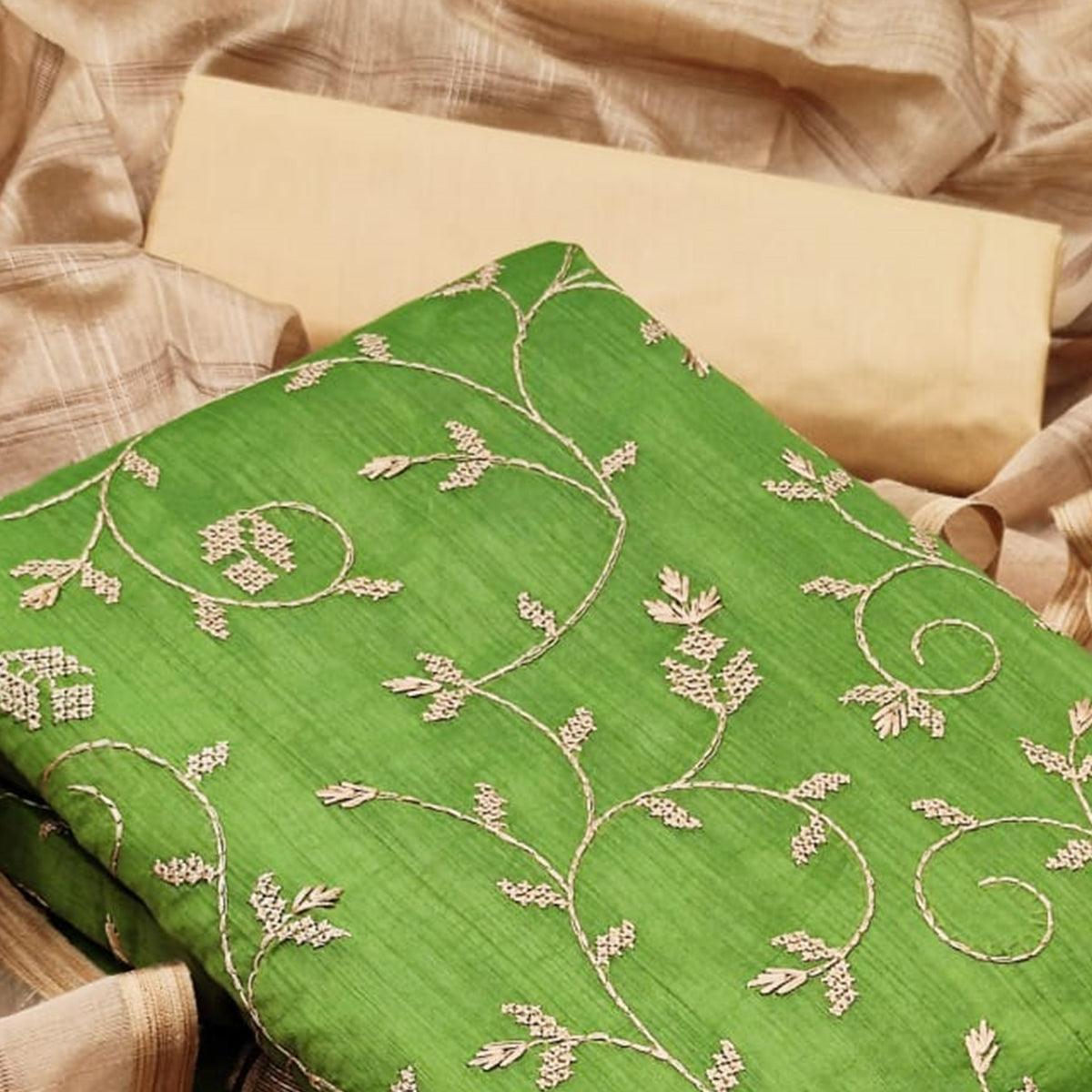 Eye-catching Mehendi Green Colored Casual Wear Embroidered Chanderi Dress Material