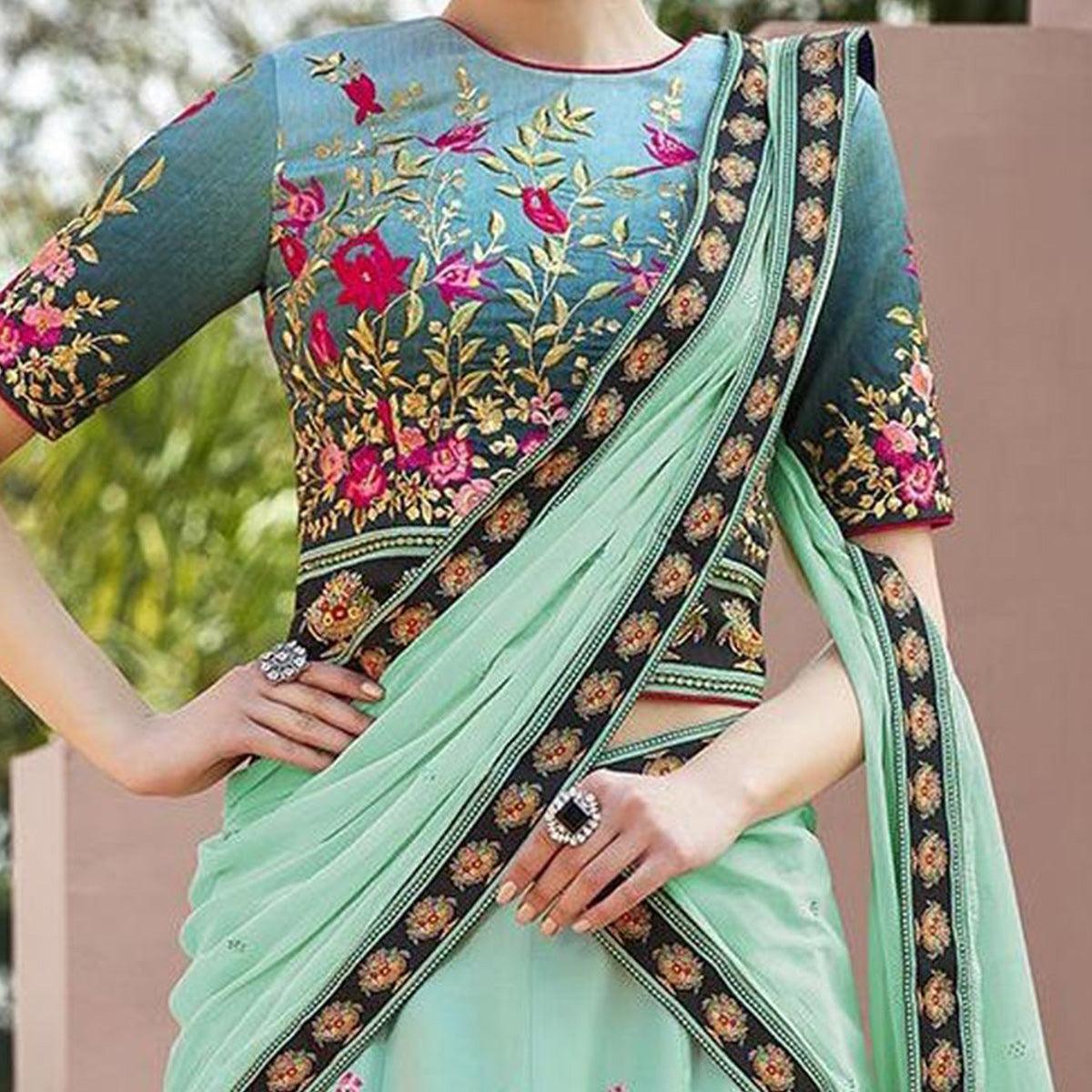 Eye-Catching Mint Green Colored Designer Partywear Embroidered Silk Lehenga Choli