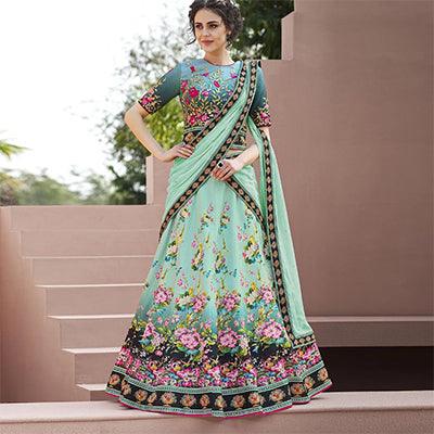 Eye-Catching Mint Green Colored Designer Partywear Embroidered Silk Lehenga Choli
