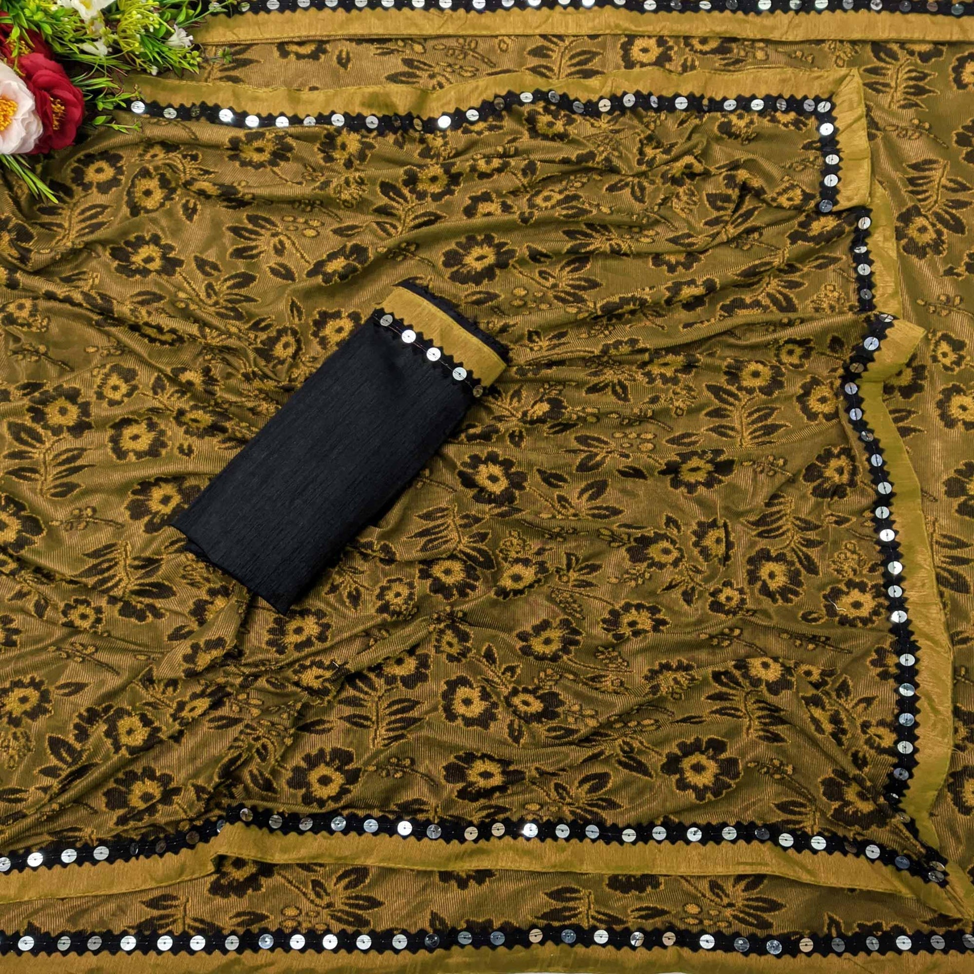 Eye-catching Mustard Colored Festive Wear Floral Woven Art Silk Saree