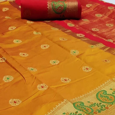 Eye-catching Mustard-Yellow Colored Festive Wear Woven Soft Silk Saree