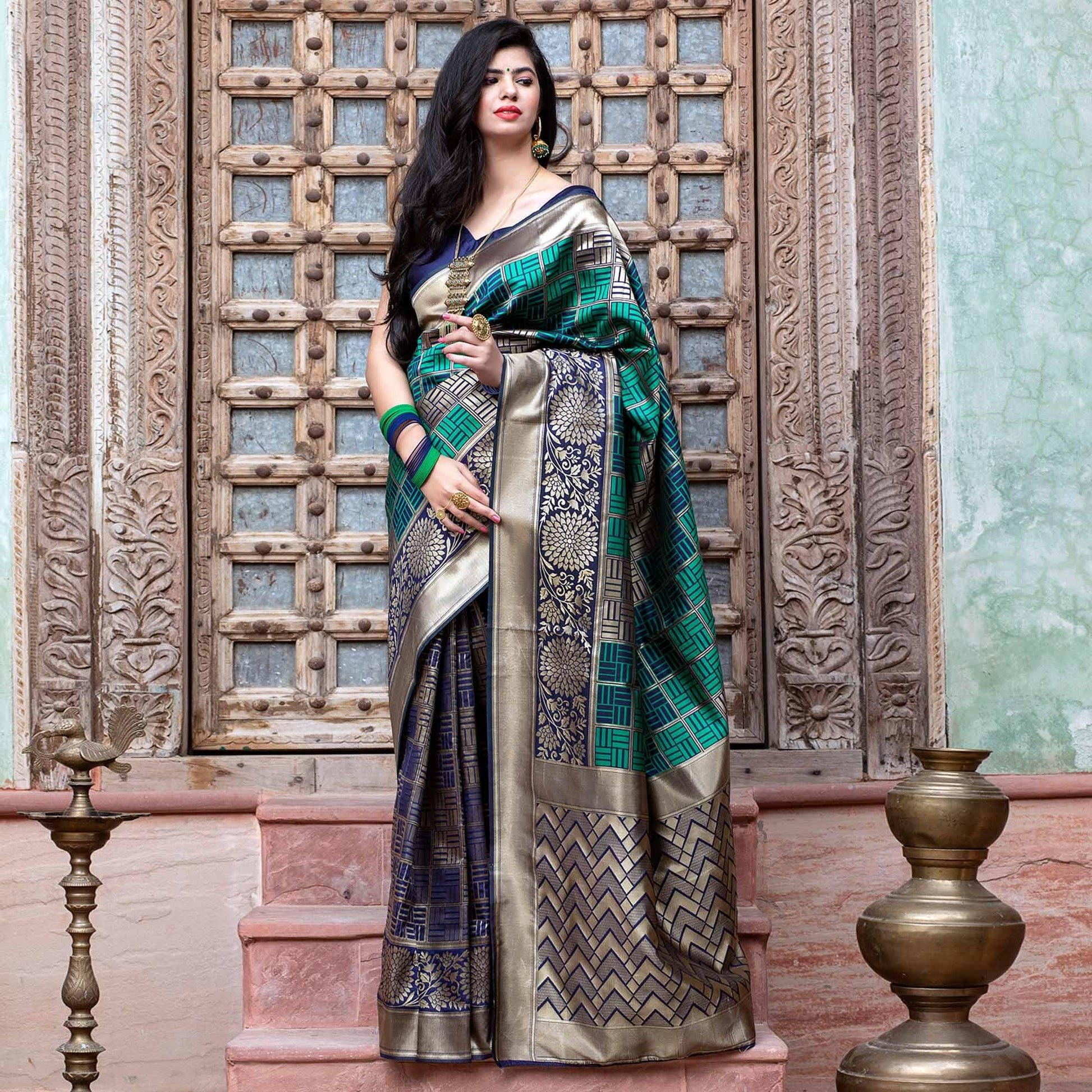 Eye-catching Navy Blue Colored Festive Wear Woven Banarasi Silk Saree