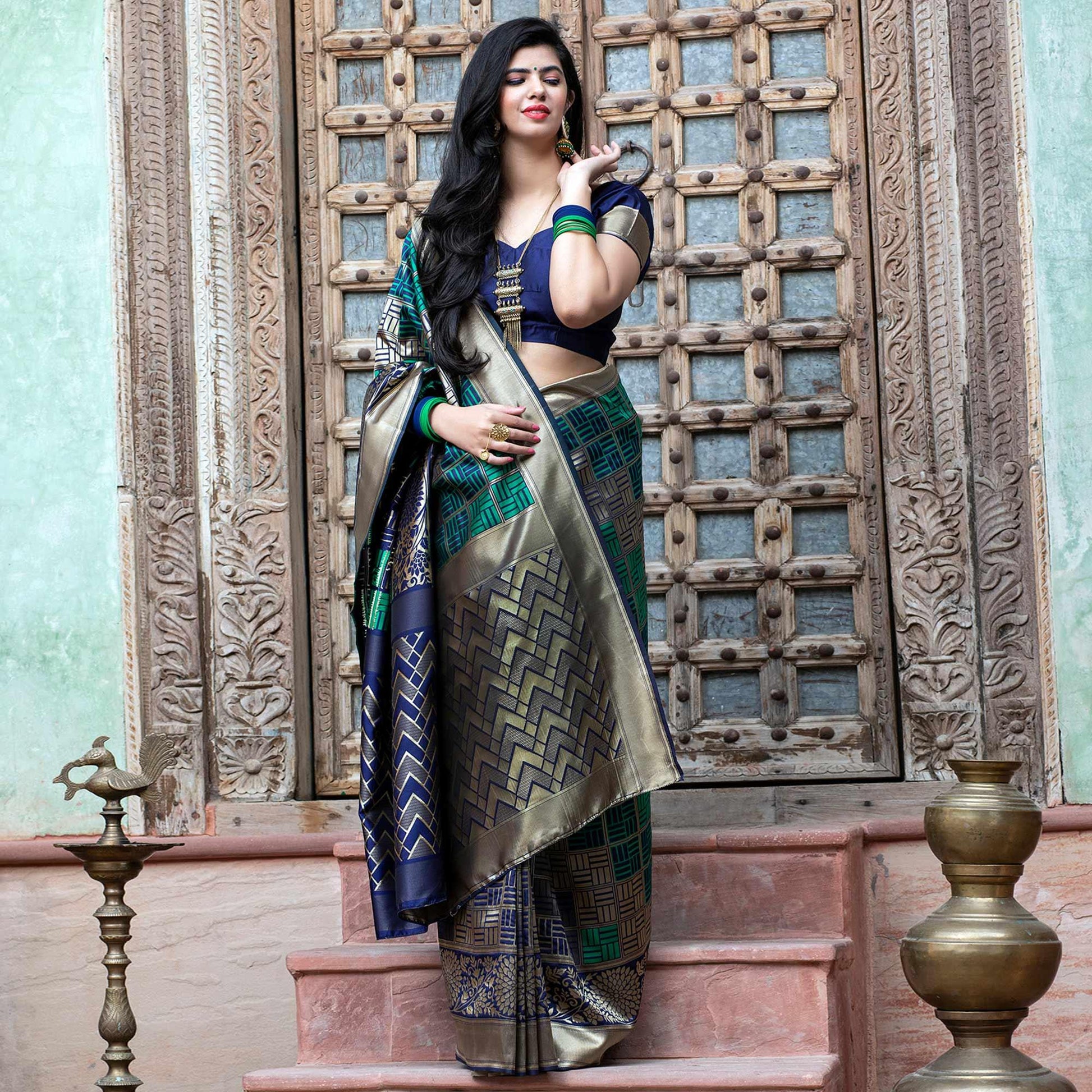 Eye-catching Navy Blue Colored Festive Wear Woven Banarasi Silk Saree