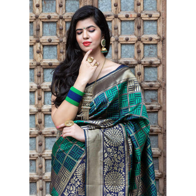 Eye-catching Navy Blue Colored Festive Wear Woven Banarasi Silk Saree